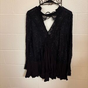 Free People black lace see through blouse with cutout over chest